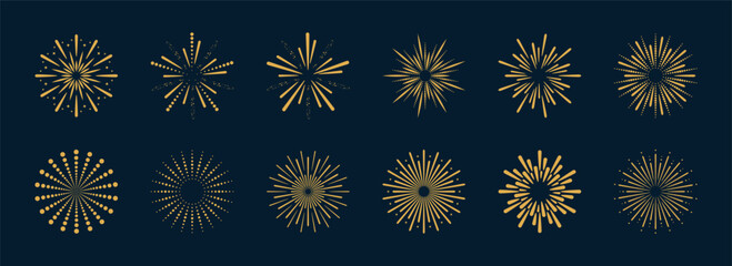 Vintage fireworks collection. Bursting golden sun rays. Radial sunset beams. Vector illustration