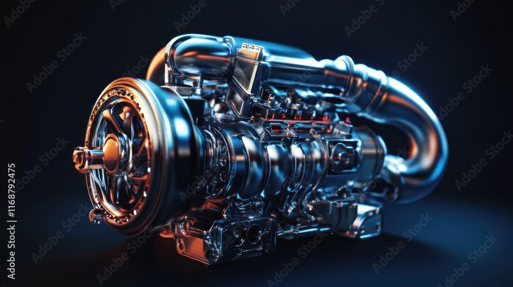 Poster a detailed, metallic engine showcasing intricate components and design.