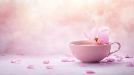 A serene cup of tea with pink flower petals, evoking relaxation and tranquility.