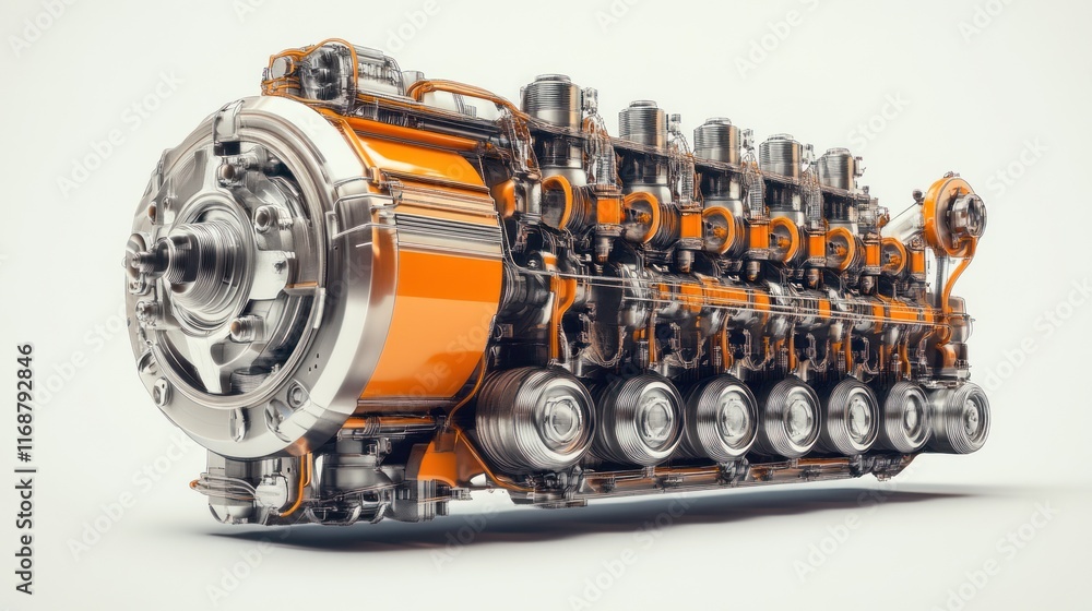 Poster a detailed rendering of a complex industrial engine showcasing its mechanical components.