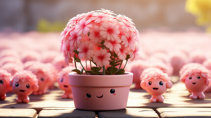 Cute Cartoon Flower Pot with Smiling Face &ndash; Kawaii Pink Floral Decor Illustration