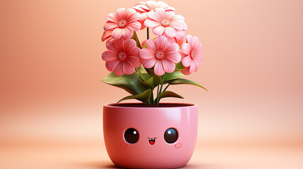 Cute Cartoon Flower Pot with Smiling Face &ndash; Kawaii Pink Floral Decor Illustration