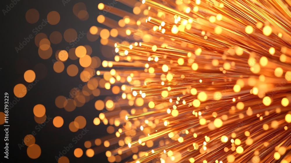 Poster burst abstract background concept. close-up of vibrant golden fiber optics creating a mesmerizing li