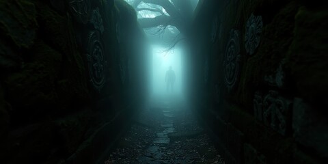 Obraz premium Mysterious Figure Walking Down a Foggy Stone Passageway with Ancient Carvings