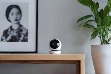 .A small, round smart home security camera with a glossy black and white finish, placed on a wooden table near a plant and photo frame. Modern design for discreet surveillance..