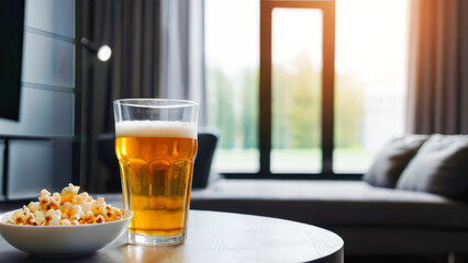 View to glass of beer, bowl of popcorn at home