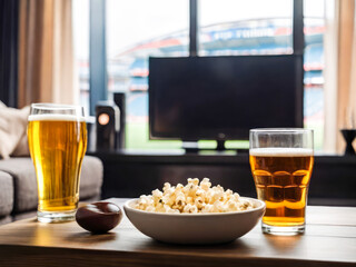 View to glass of beer, bowl of popcorn,  football match o at home.