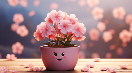 Cute Cartoon Flower Pot with Smiling Face &ndash; Kawaii Pink Floral Decor Illustration