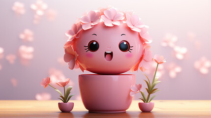 Cute Cartoon Flower Pot with Smiling Face &ndash; Kawaii Pink Floral Decor Illustration