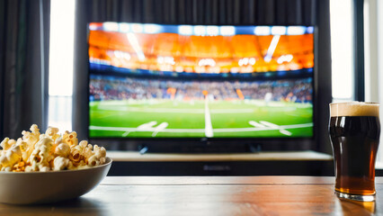 View to glass of beer, bowl of popcorn,  football match o at home.