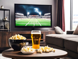 View to glass of beer, bowl of popcorn,  football match o at home.