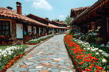 Picturesque cobblestone path lined with charming traditional houses and vibrant flowerbeds, creating a stunning idyllic scene.