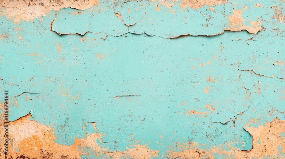 Poster grungy abstract background idea. close-up of a weathered turquoise wall with peeling paint and rusti