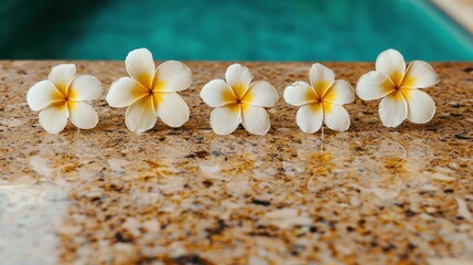 Plumeria flowers displayed on granite countertop tropical setting close-up photography