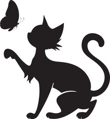 Silhouette of a Playful Cat Reaching for a Butterfly in Minimalist Black and White
