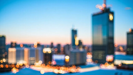 City hotel corporate building in blurry focus against a blue dawn business backdrop. View from the office window of the city skyline in the morning light. Winter day bokeh bank corporation blur outsid