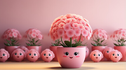 Cute Cartoon Flower Pot with Smiling Face &ndash; Kawaii Pink Floral Decor Illustration