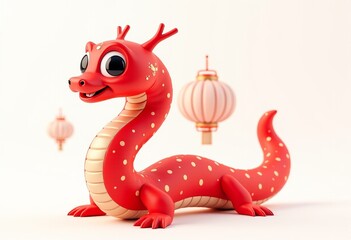 Festive 3D Red Snake Design with Joyful Expression for Lunar New Year on a Simple White Background