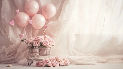 Charming floral arrangement with balloons studio setup still life soft lighting romantic concept