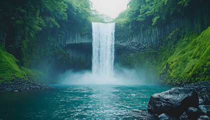 Serene waterfall cascading into a vibrant turquoise pool, surrounded by lush green foliage and moss-covered rocks. A tranquil nature scene perfect for travel, nature, or relaxation themes.