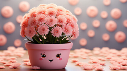 Cute Cartoon Flower Pot with Smiling Face &ndash; Kawaii Pink Floral Decor Illustration