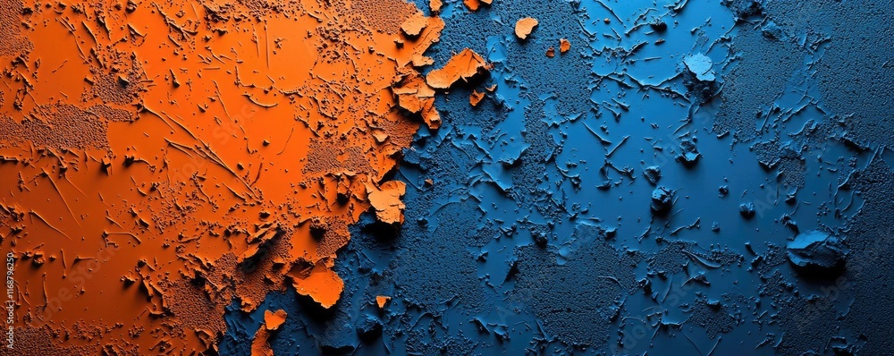 Poster grungy abstract background idea. vibrant abstract texture with orange and blue paint peeling on a te