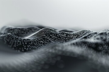 A serene depiction of particles suspended in fluid, side view, demonstrating Brownian motion, digital binary as object, black and white