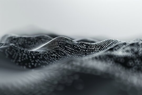 A serene depiction of particles suspended in fluid, side view, demonstrating Brownian motion, digital binary as object, black and white