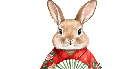 Cute chubby rabbit wearing traditional outfit and holding fan, exuding charm and warmth