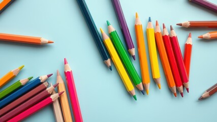 Fototapeta premium Colorful Pencils Arranged on a Light Blue Background for Art and Craft Projects