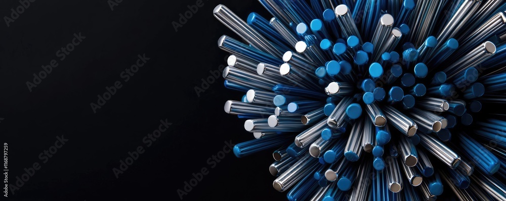 Poster burst abstract background concept. abstract arrangement of colorful metallic rods on a dark backgrou