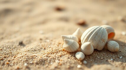 Seashells nestled in warm sand, bathed in sunlight; a serene coastal scene.