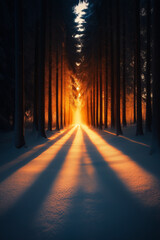 Winterwald mit schneebedecktem Boden und langen Schatten im Licht

