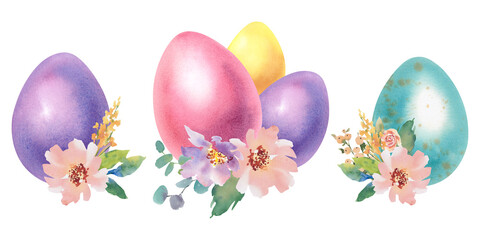 Easter eggs and delicate spring flowers and leaves. Hand-painted watercolor illustration. A set of Easter eggs in pastel colors. Template for greeting cards, covers, posters, invitations.