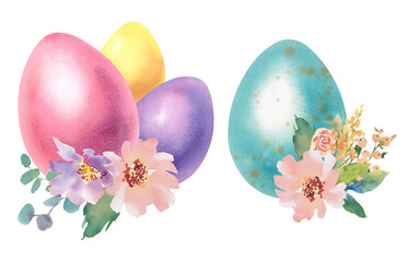 Easter eggs and delicate spring flowers and leaves. Hand-painted watercolor illustration. A set of Easter eggs in pastel colors. Template for greeting cards, covers, posters, invitations.