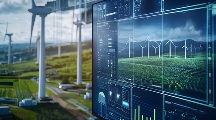 A digital twin of a renewable energy farm displayed on a high-tech monitor 