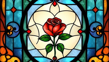 Stained Glass Rose Window Art Colorful Floral Design Romantic Decor