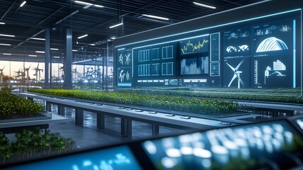 A digital twin of a renewable energy farm displayed on a high-tech monitor