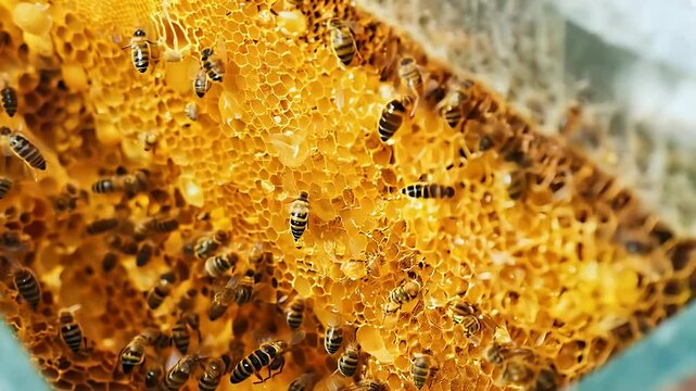 Peek intricate world bees working honeycombs showcasing close up details hive activity natural honey production