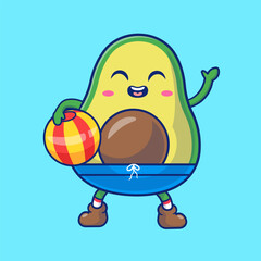 Cute Avocado Holding Beach Ball Summer Cartoon Vector 
Icon Illustration. Food Holiday Icon Concept Isolated Premium 
Vector. Flat Cartoon Style 