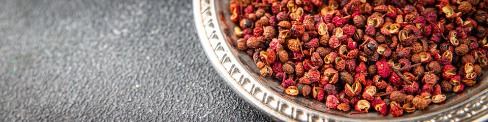 Sichuan pepper spice pepper peas fresh tasty food gourmet food background on the table rustic food top view copy space