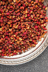 Sichuan pepper spice pepper peas fresh tasty food gourmet food background on the table rustic food top view copy space