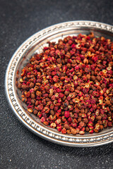 Sichuan pepper spice pepper peas fresh tasty food gourmet food background on the table rustic food top view copy space