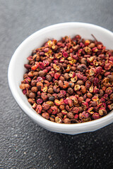 Sichuan pepper spice pepper peas fresh tasty food gourmet food background on the table rustic food top view copy space