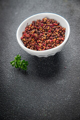 Sichuan pepper spice pepper peas fresh tasty food gourmet food background on the table rustic food top view copy space