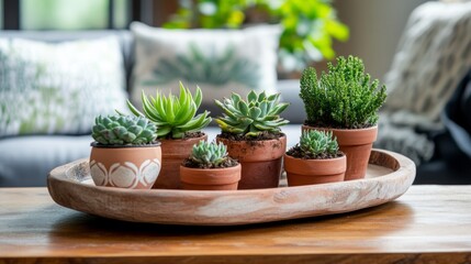 Serene Succulent Arrangement on Wooden Tray with Natural Light Ambiance