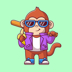 Cute Monkey Holding Banana And Baseball Bat Stick Cartoon 
Vector Icon Illustration. Animal Sport Icon Concept Isolated 
Premium Vector. Flat Cartoon Style 
