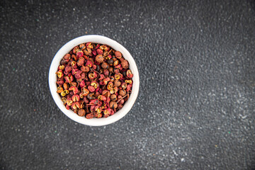 Sichuan pepper spice pepper peas fresh tasty food gourmet food background on the table rustic food top view copy space