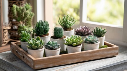 Tranquil Indoor Garden: Wooden Tray with Succulents, Cacti, and Moss by Sunlit Window