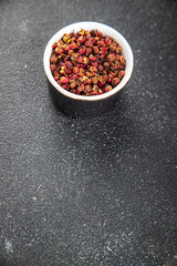 Sichuan pepper spice pepper peas fresh tasty food gourmet food background on the table rustic food top view copy space